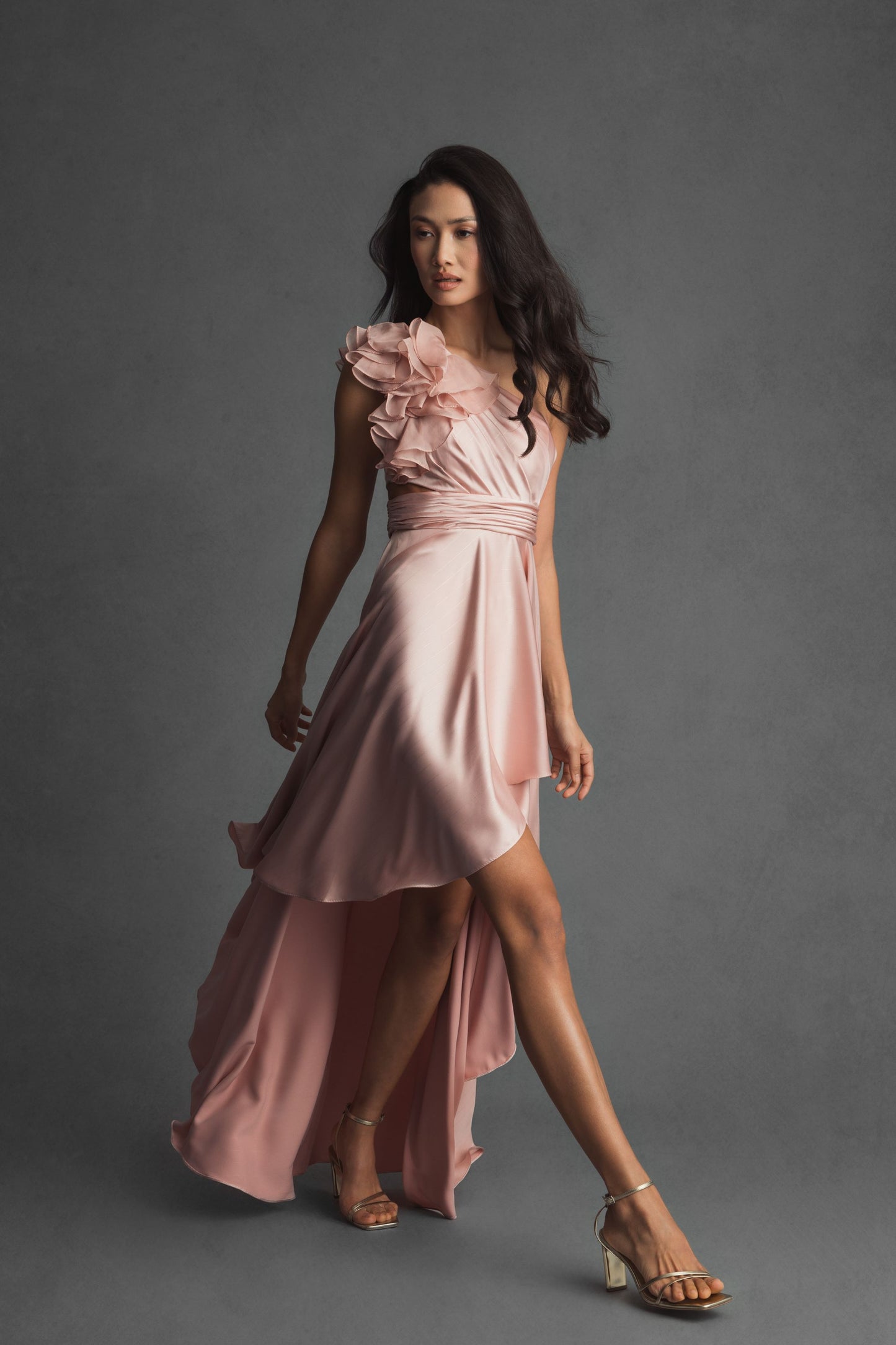 Pink Ruffled One Shoulder Cut Out Hi-Low Gown