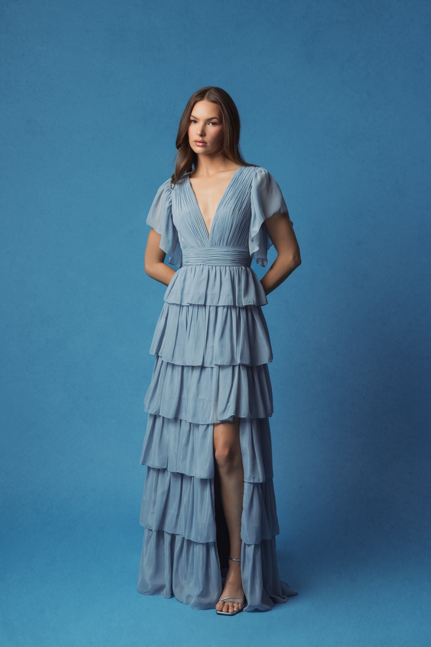 Blue Flutter Sleeve Ruffle Tiered Gown