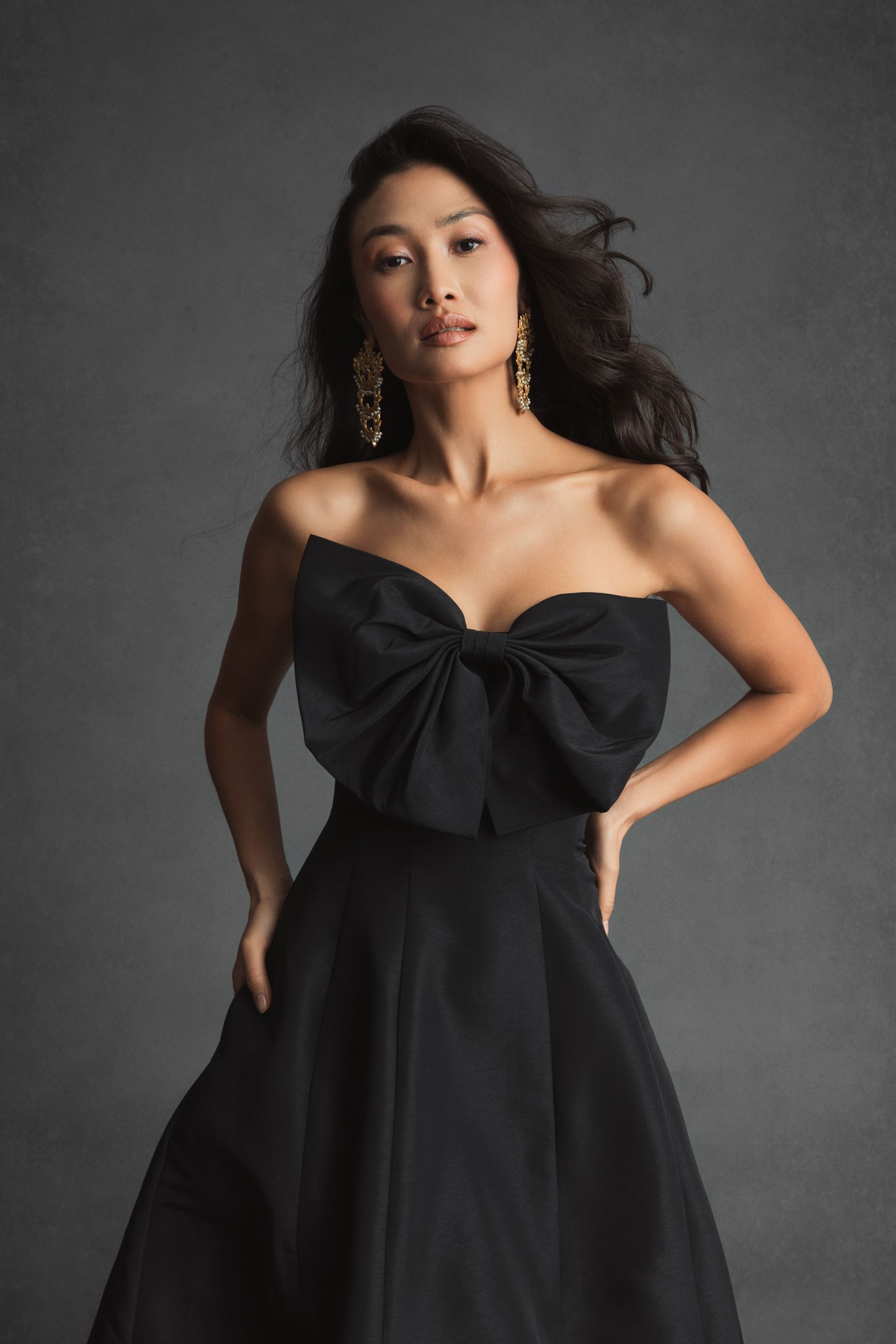 Strapless A-Line Tea Length Statement Bow Dress