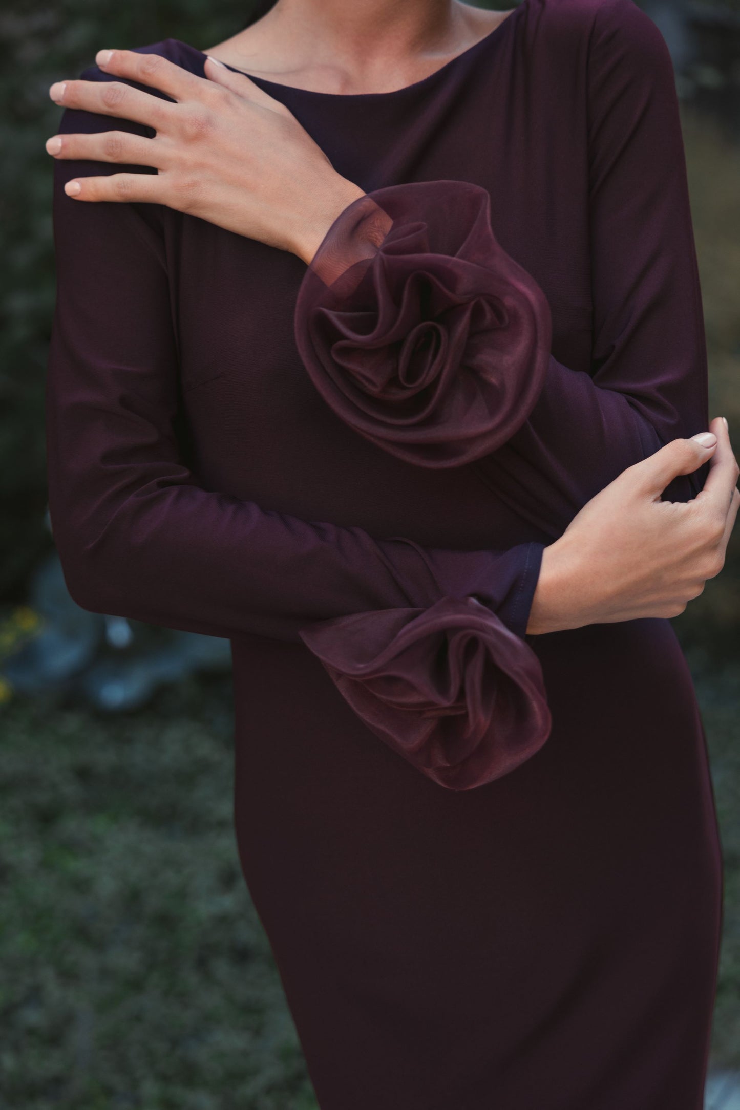 Purple Long Sleeve Fitted Jersey Gown With 3D Flowers - Mac Duggal