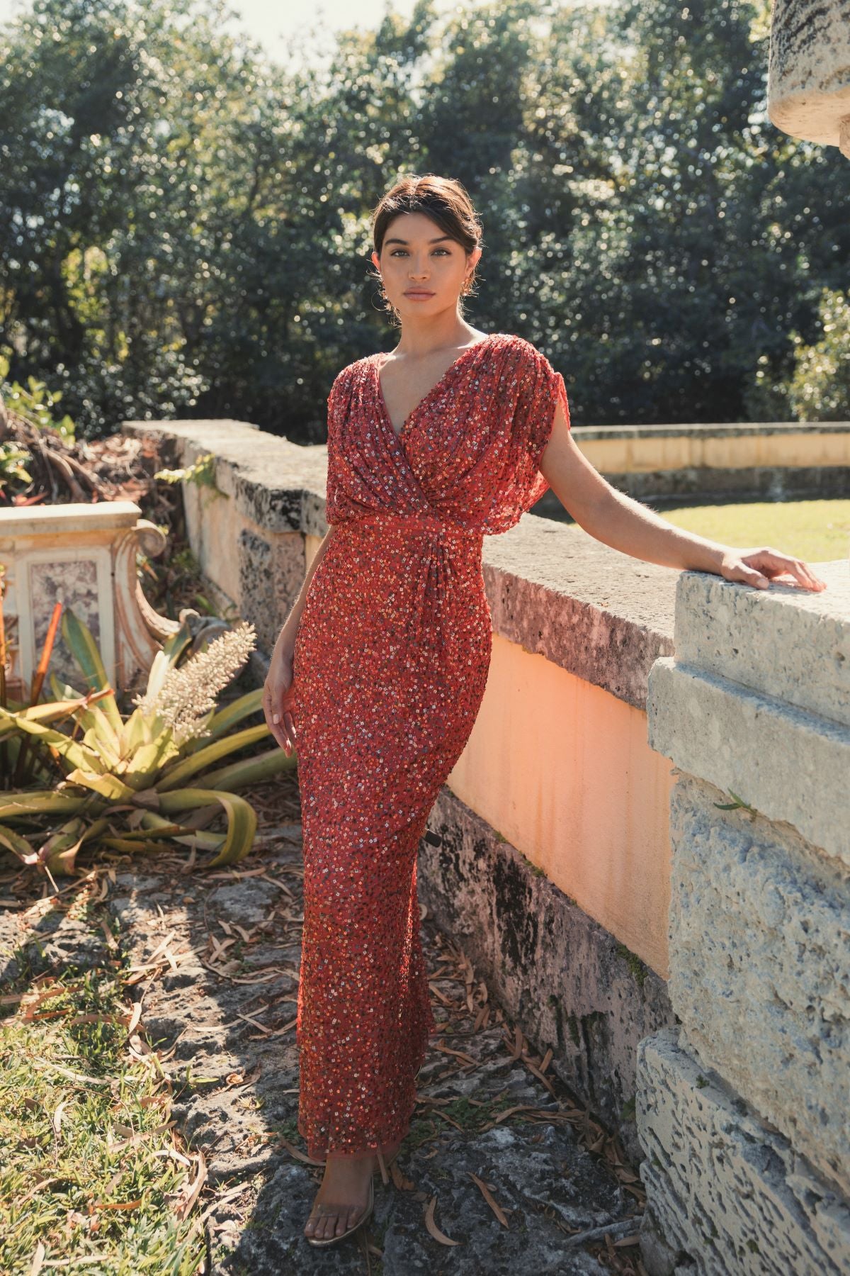 Red Draped Sleeve V Neck Gown