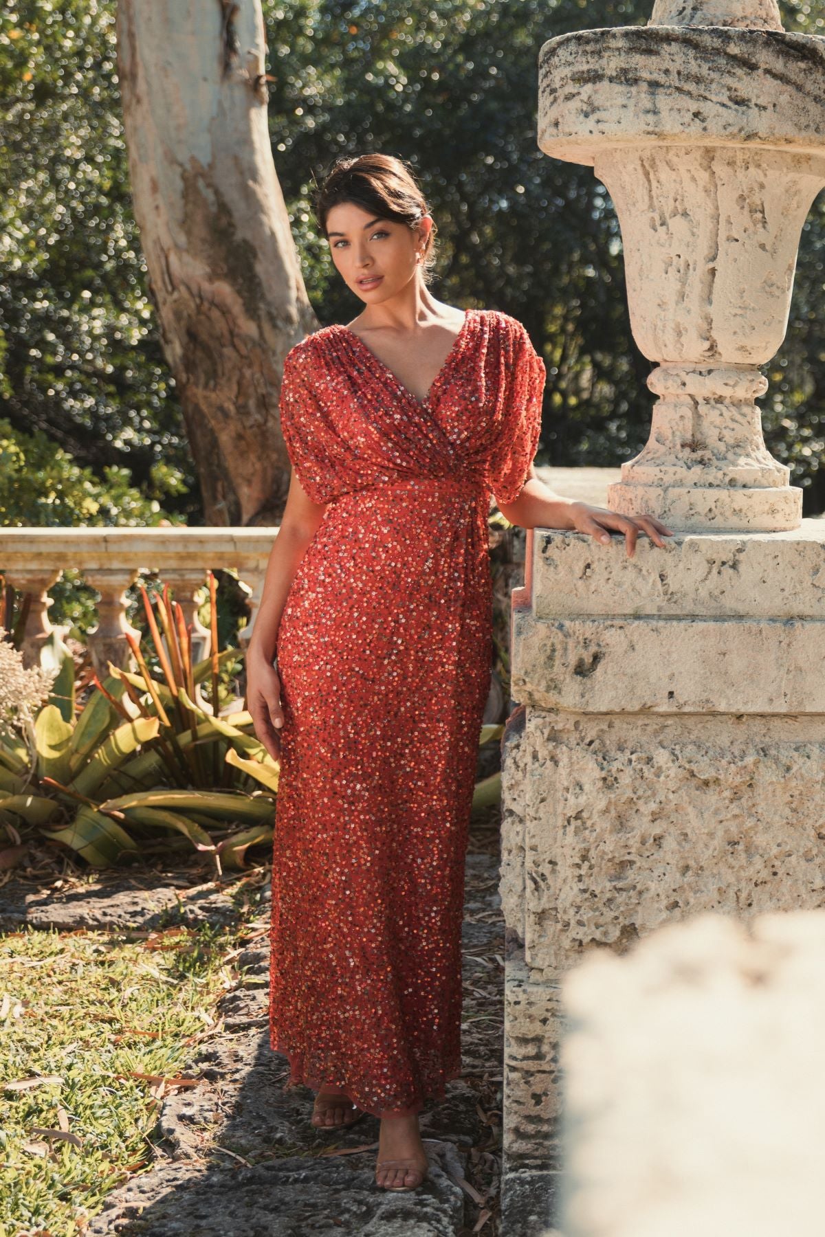 Red Draped Sleeve V Neck Gown