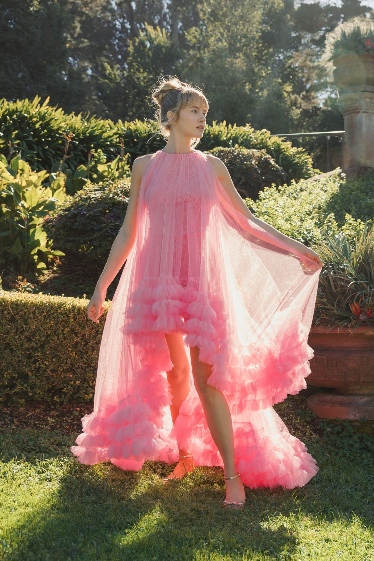 Pink Tulle High Neck Sleeveless Ruffled Hem Hi-Low Gown