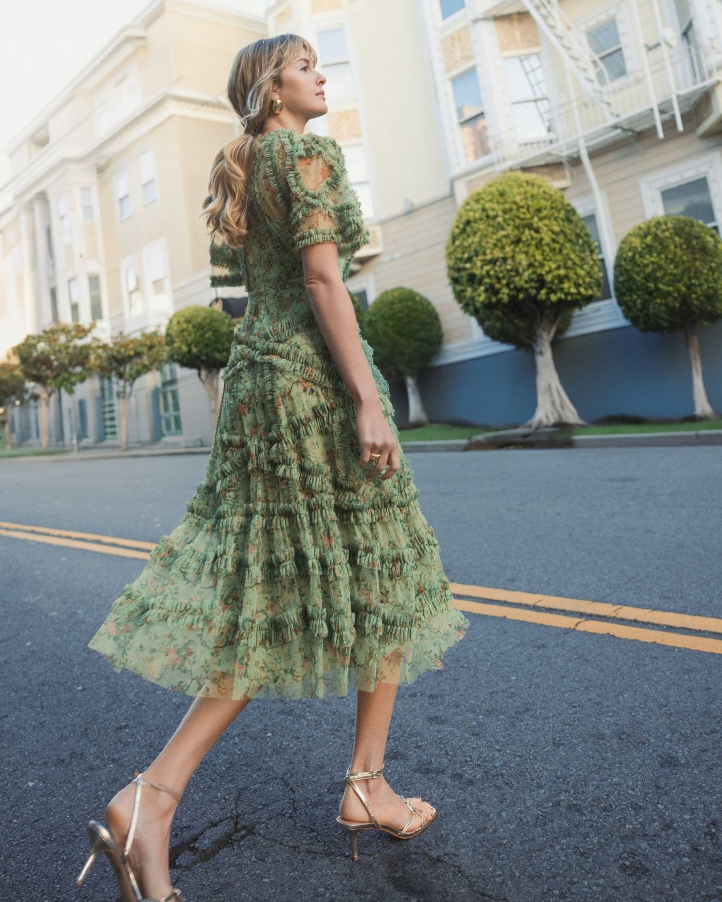 Green Floral Flutter Sleeve Mesh Print Dress