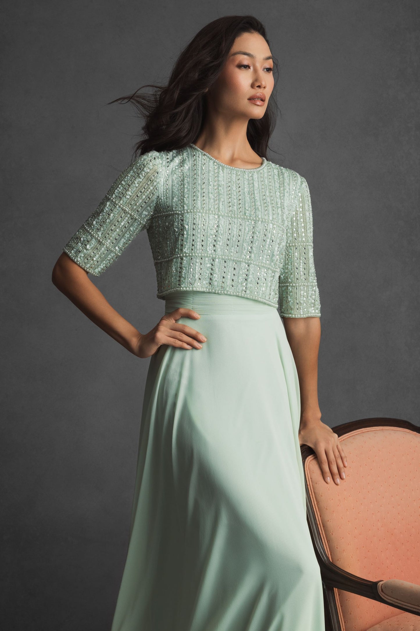 Green Chiffon Gown w/ Fully Beaded 3/4 Sleeve Top