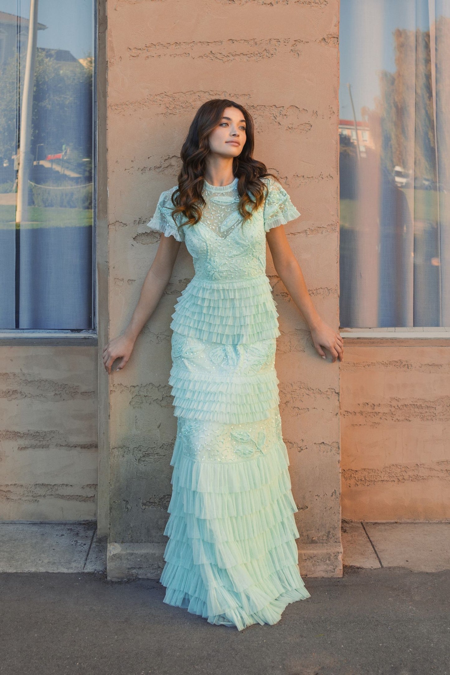 Beaded Mesh High Neck Micro Ruffle Gown