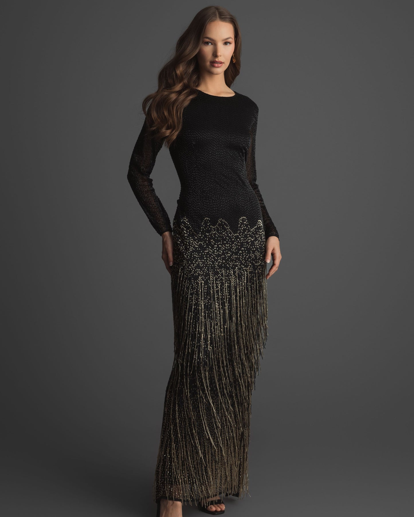 Long Sleeve Beaded Fringe Evening Gown