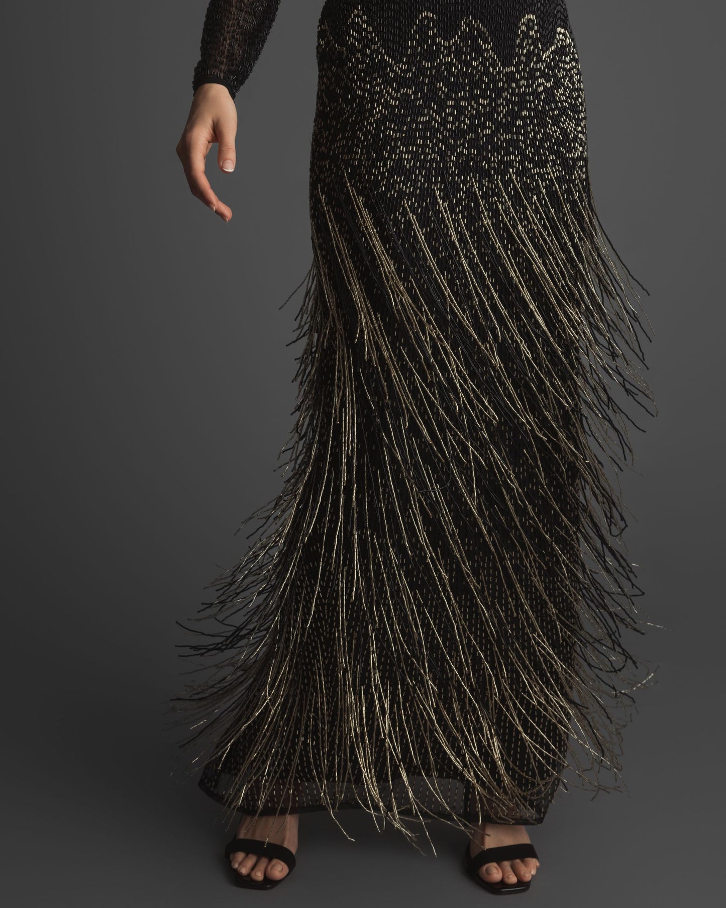 Long Sleeve Beaded Fringe Evening Gown