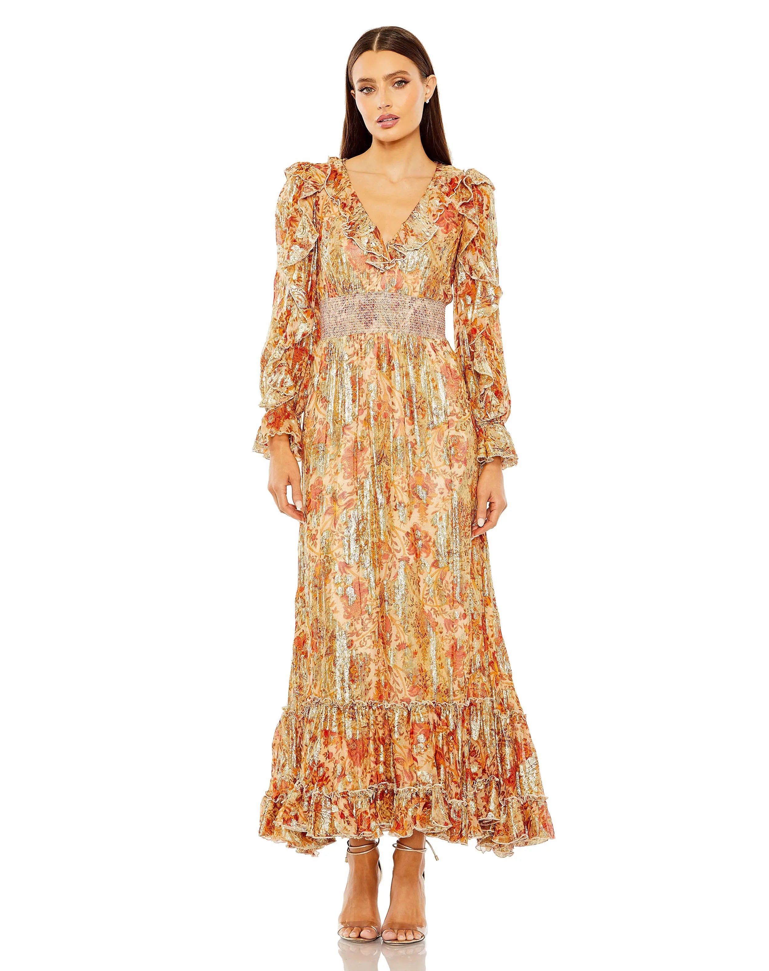 Long Ruffle Sleeve Plunge Neck Lace Up Back Dress | Sample | Sz. XS ...