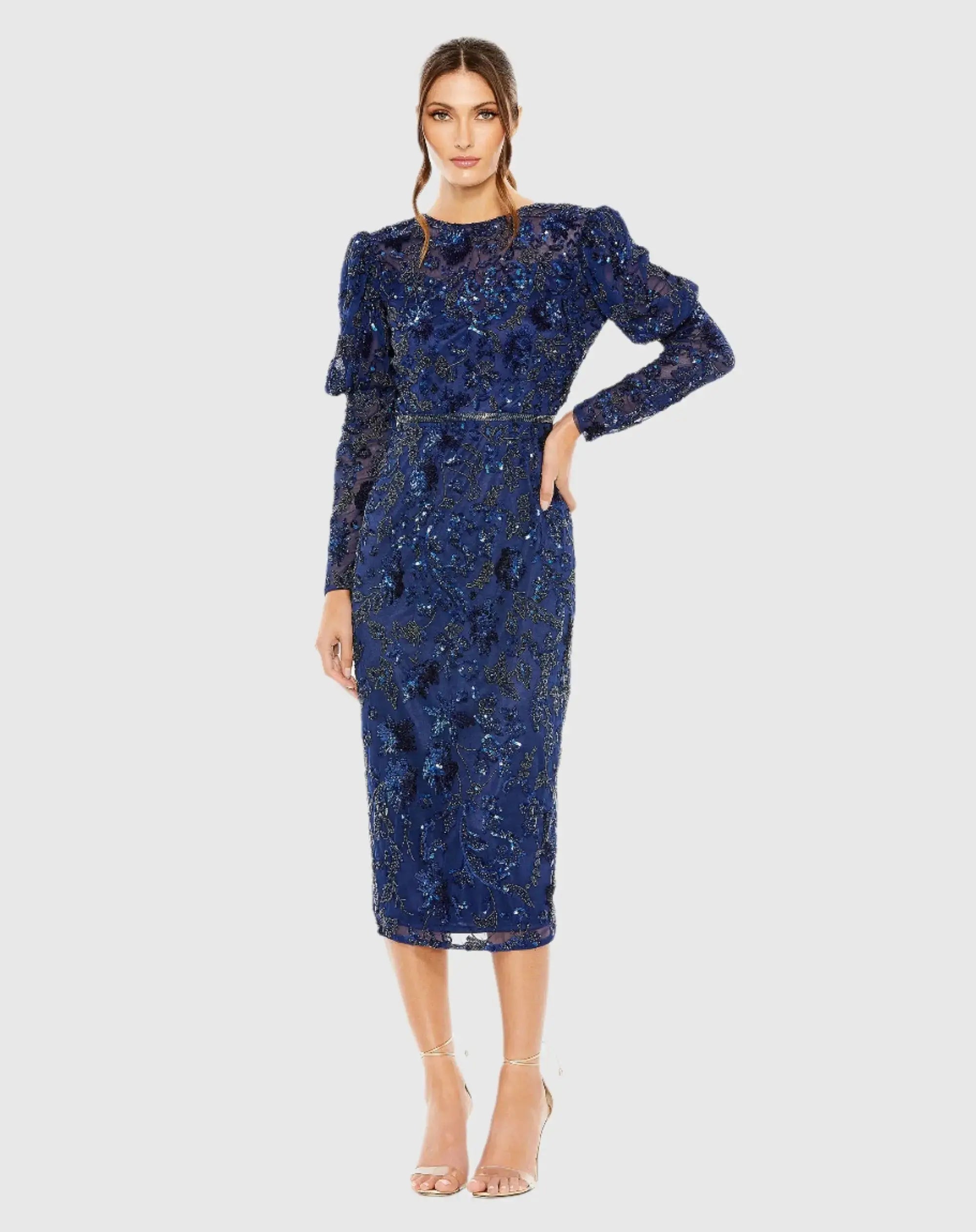 Sequined Puff Sleeve High Neck Dress - Mac Duggal