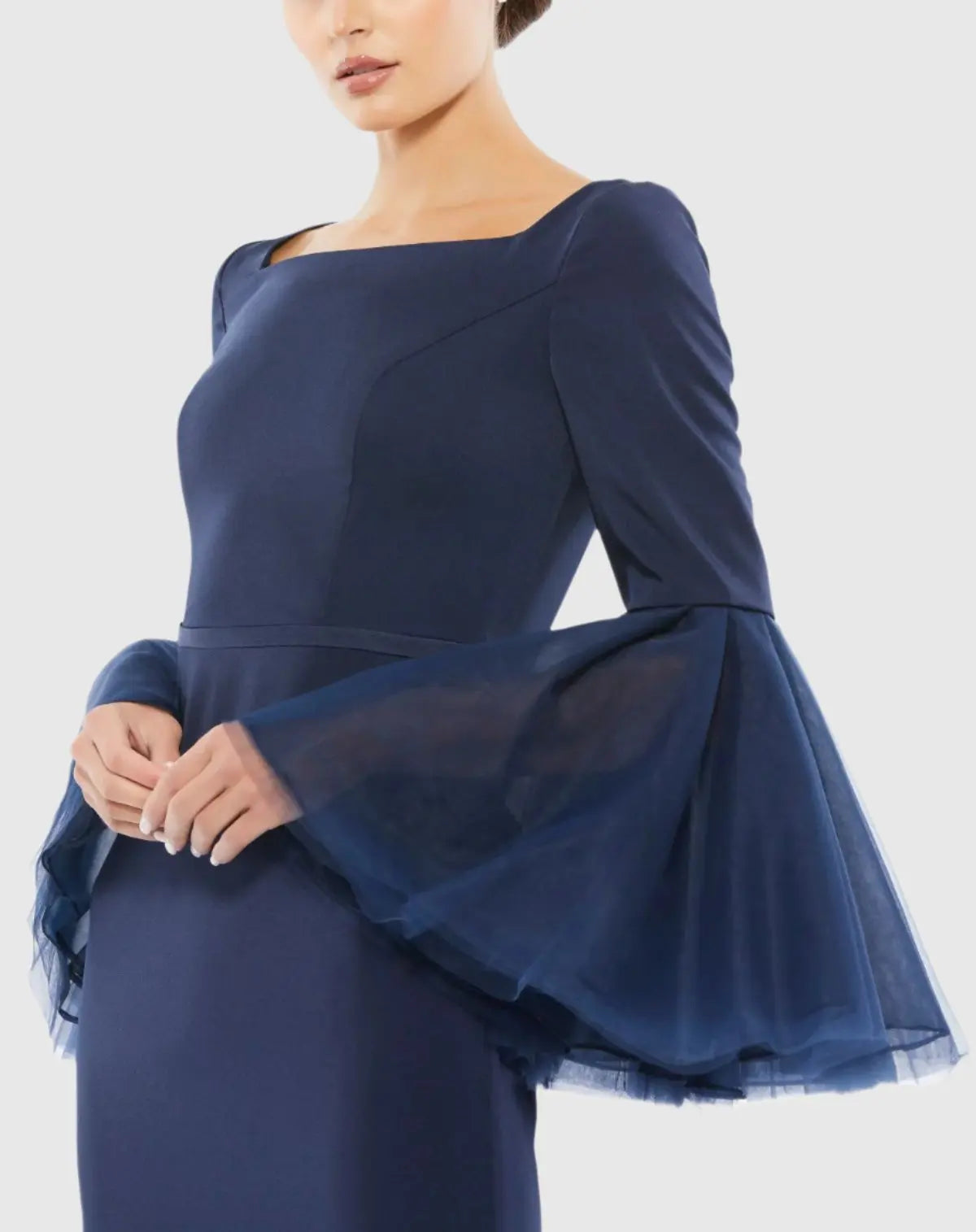 Navy Flounce Sleeve Square Neck Column Gown - Mac Duggal