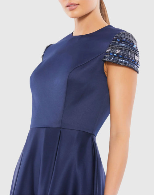 Navy High Neck Cap Sleeve Tea Length Dress - Mac Duggal