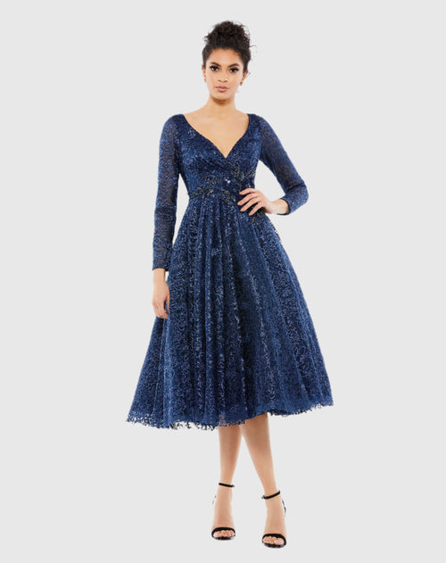 Long Sleeve Tea Length Dress - Mac Duggal