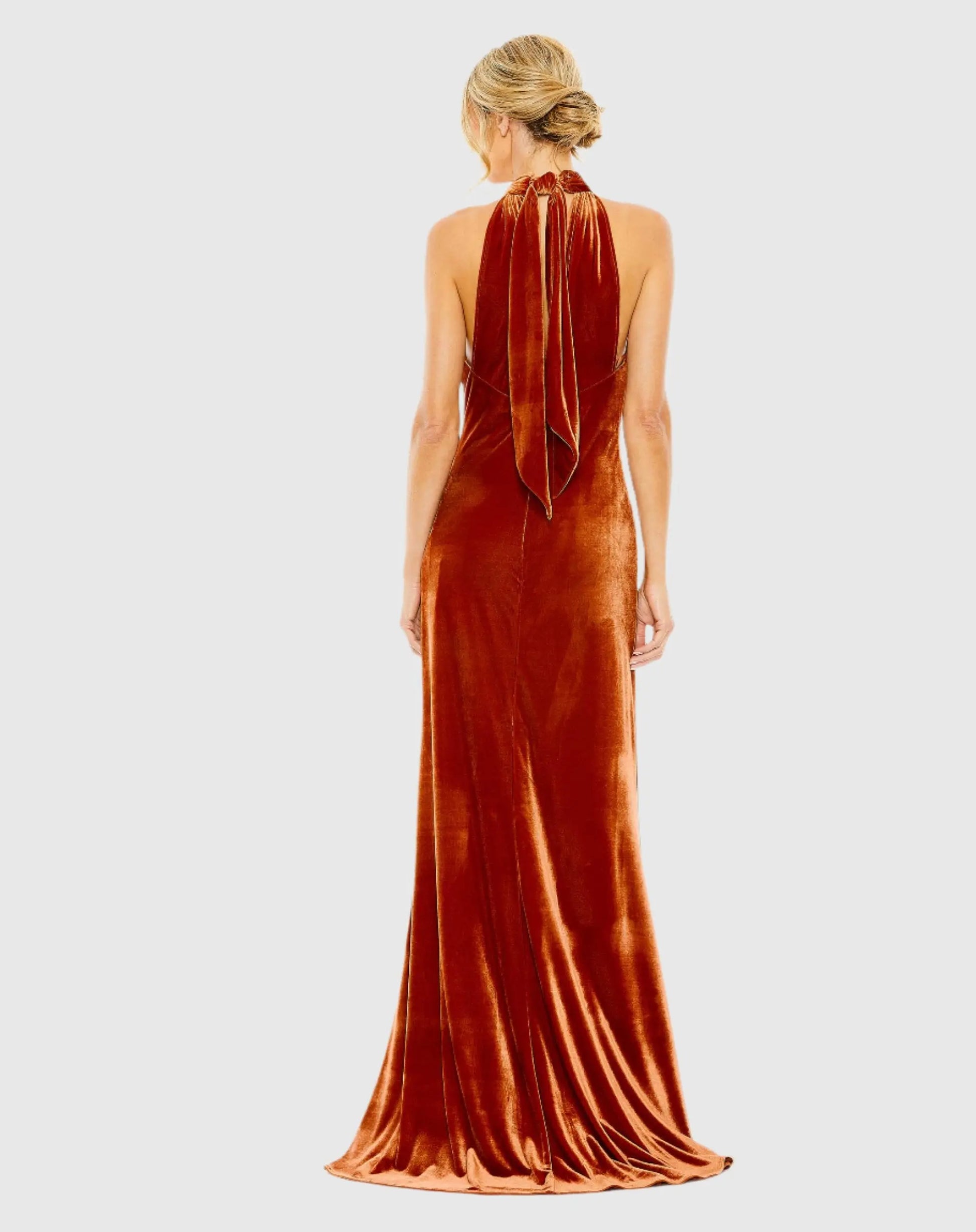 Halter Tie Front Slit Velvet Column Dress Mac Duggal Halter Tie Front Slit Velvet Column Dress Mac Duggal