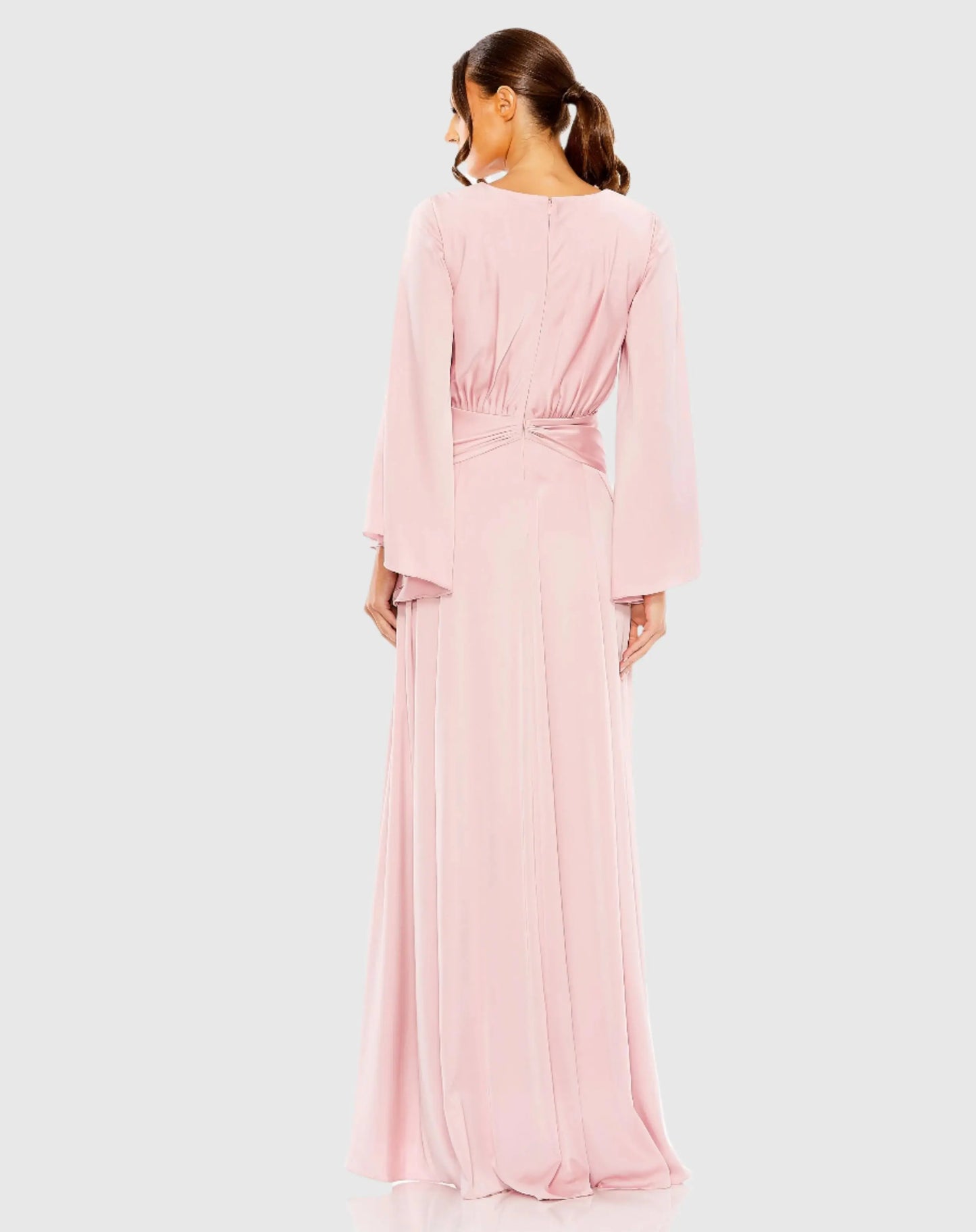 Pink Long Sleeve V Neck High Slit Gown - Mac Duggal