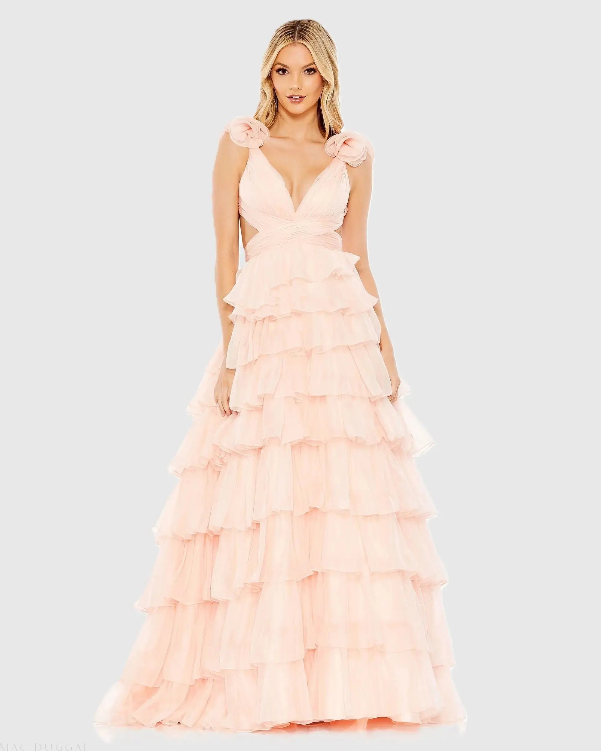 Pink Ruffled Lace Up Back Ballgown - Mac Duggal