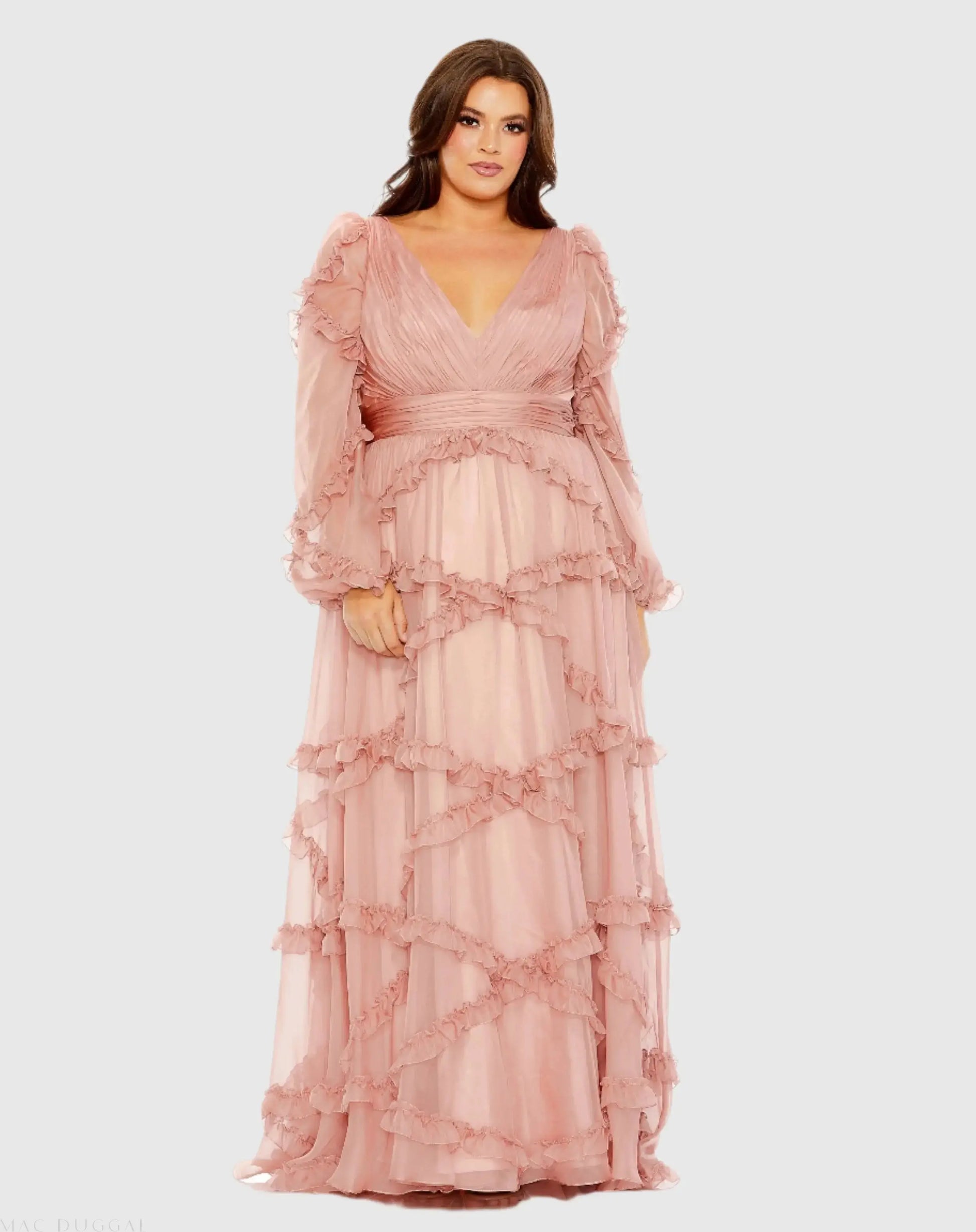 Mac Duggal Women's V Neck Ruffle Tiered Puff Sleeve Gown