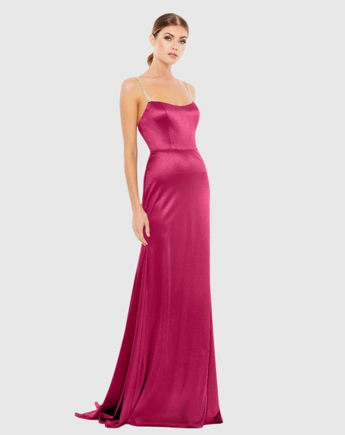 Pink Charmeuse Rhinestone Strap Trumpet Gown Ieena for Mac Duggal