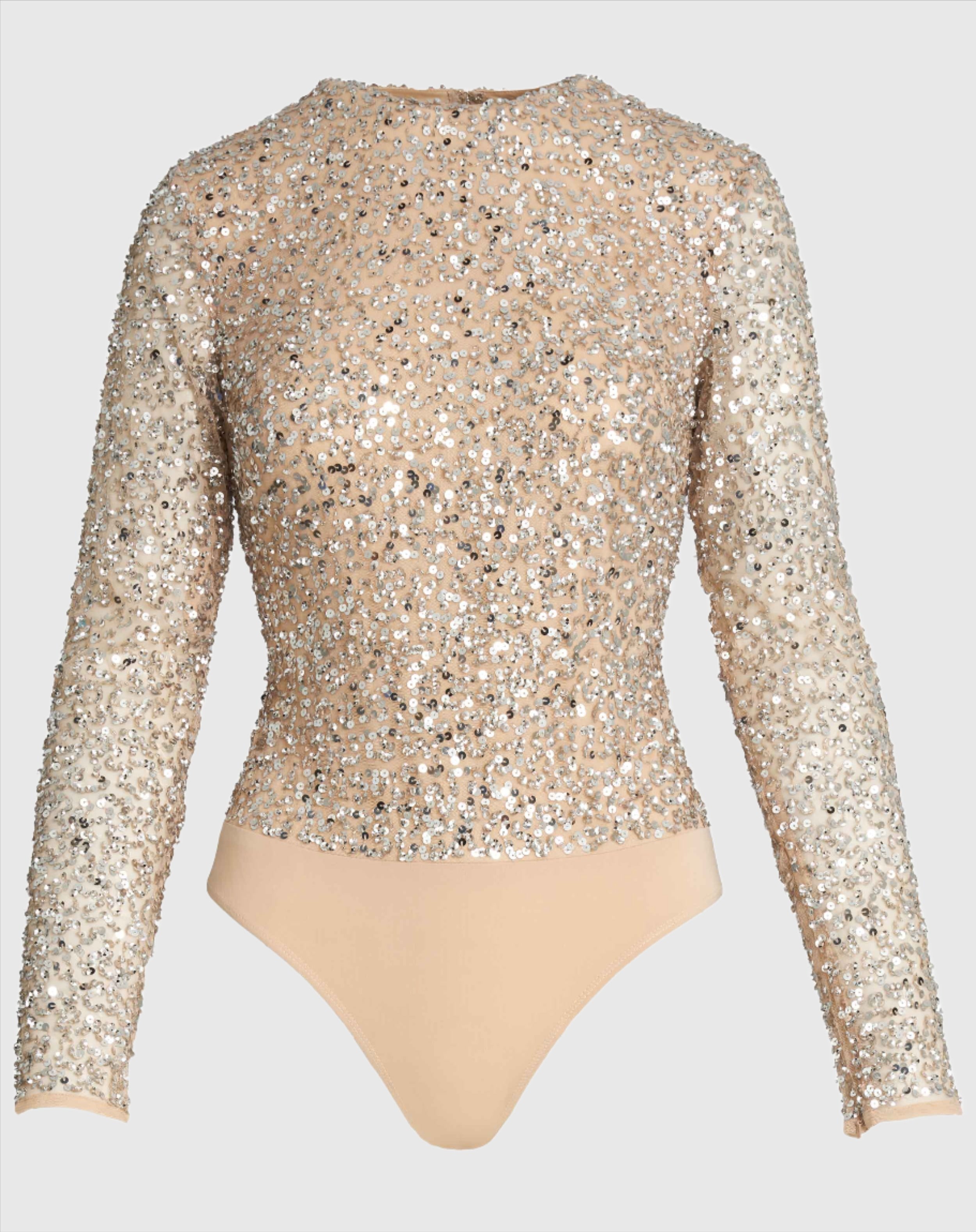 Nude Bodysuit w/ Sheer Sleeves and Silver Sequins
