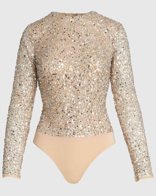 Long Sleeve Nude Silver Sequin Bodysuit w/ Sheer Sleeves