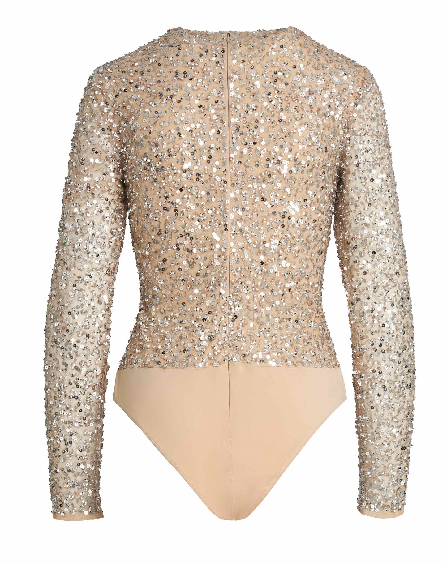 Long Sleeve Nude Silver Sequin Bodysuit w/ Sheer Sleeves