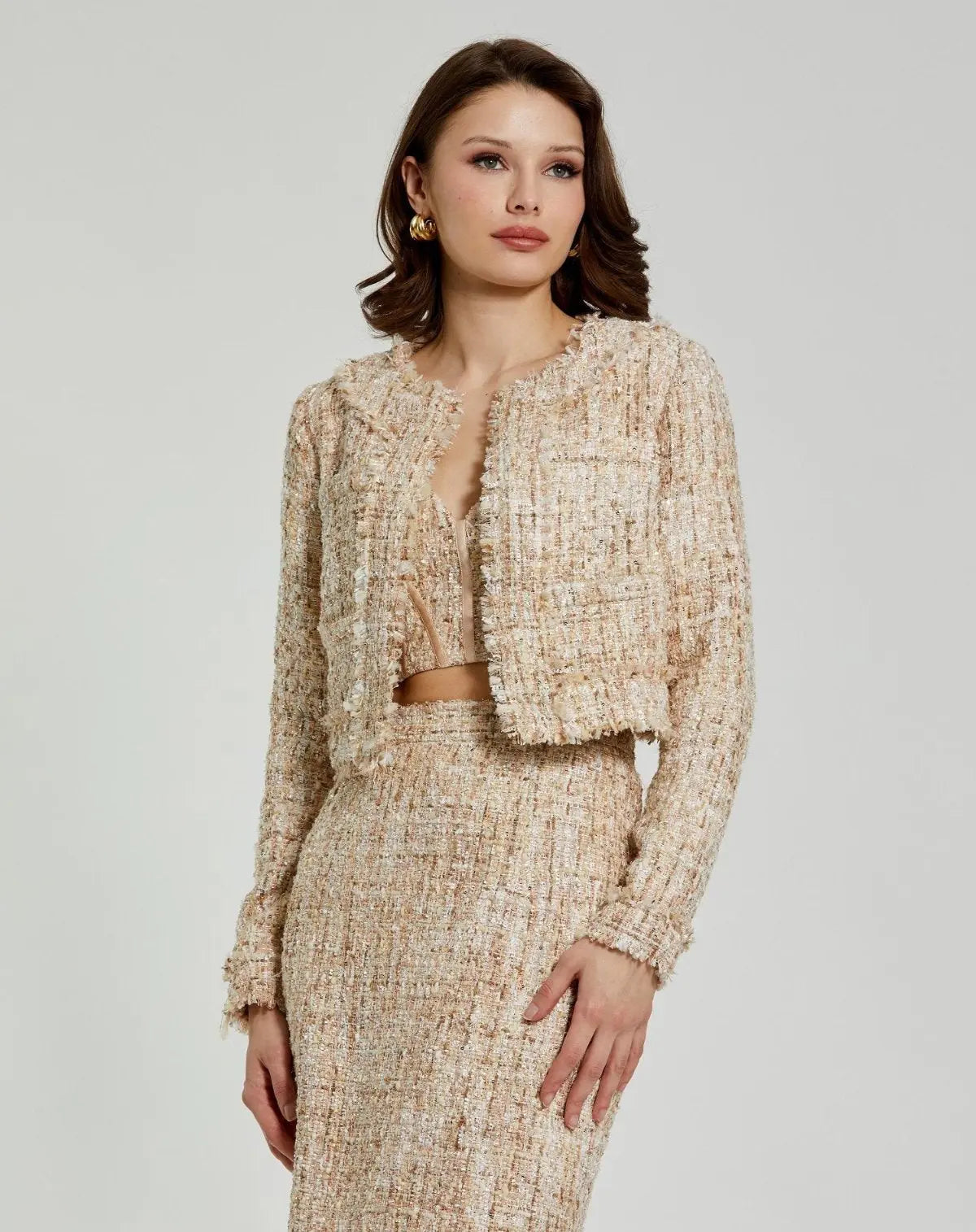 Long Sleeve Cropped Boucle Jacket - Mac Duggal