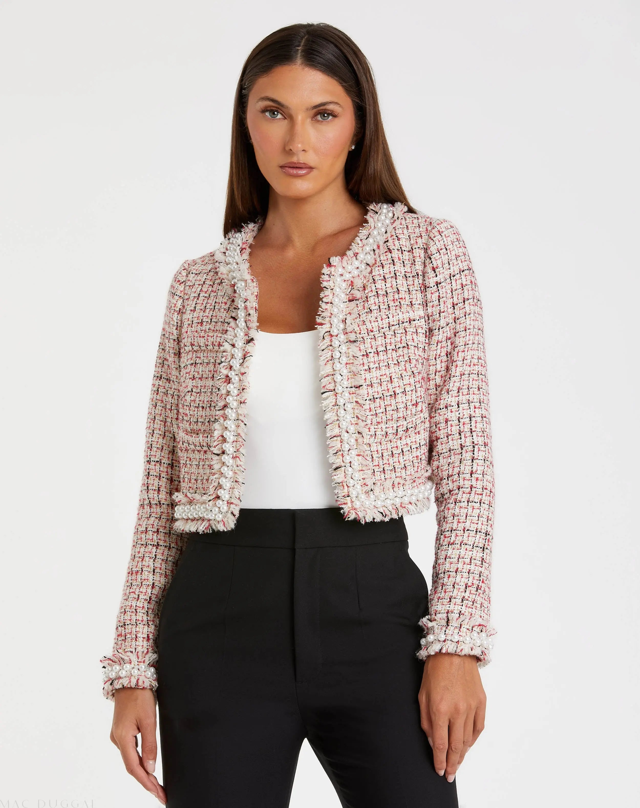 Pearl Trim Long Sleeve Cropped Jacket - Mac Duggal