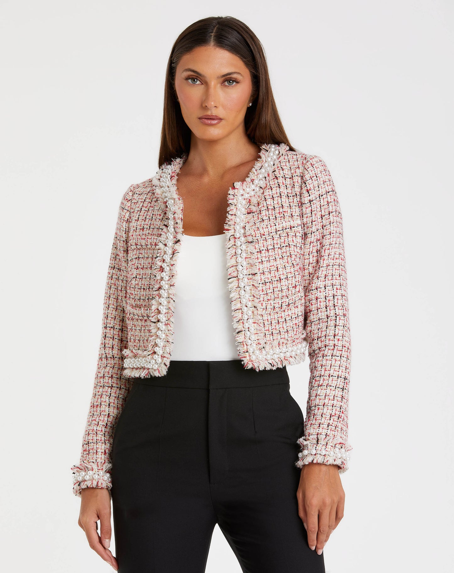 Pearl Trim Long Sleeve Cropped Jacket