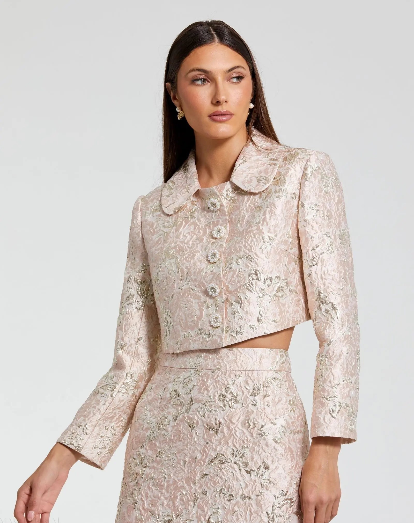 Pearl Button Brocade Cropped Jacket - Mac Duggal
