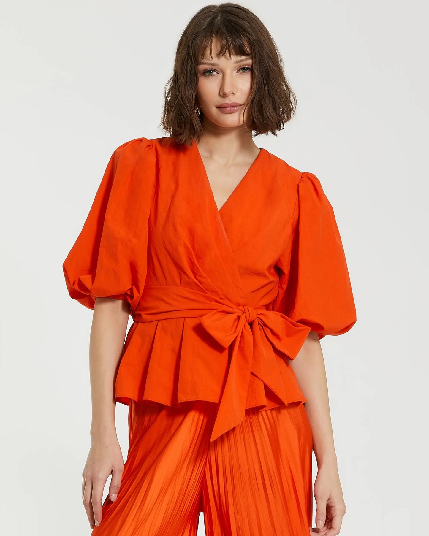 Orange Faille Wrap Over Balloon Sleeve Blouse - Mac Duggal