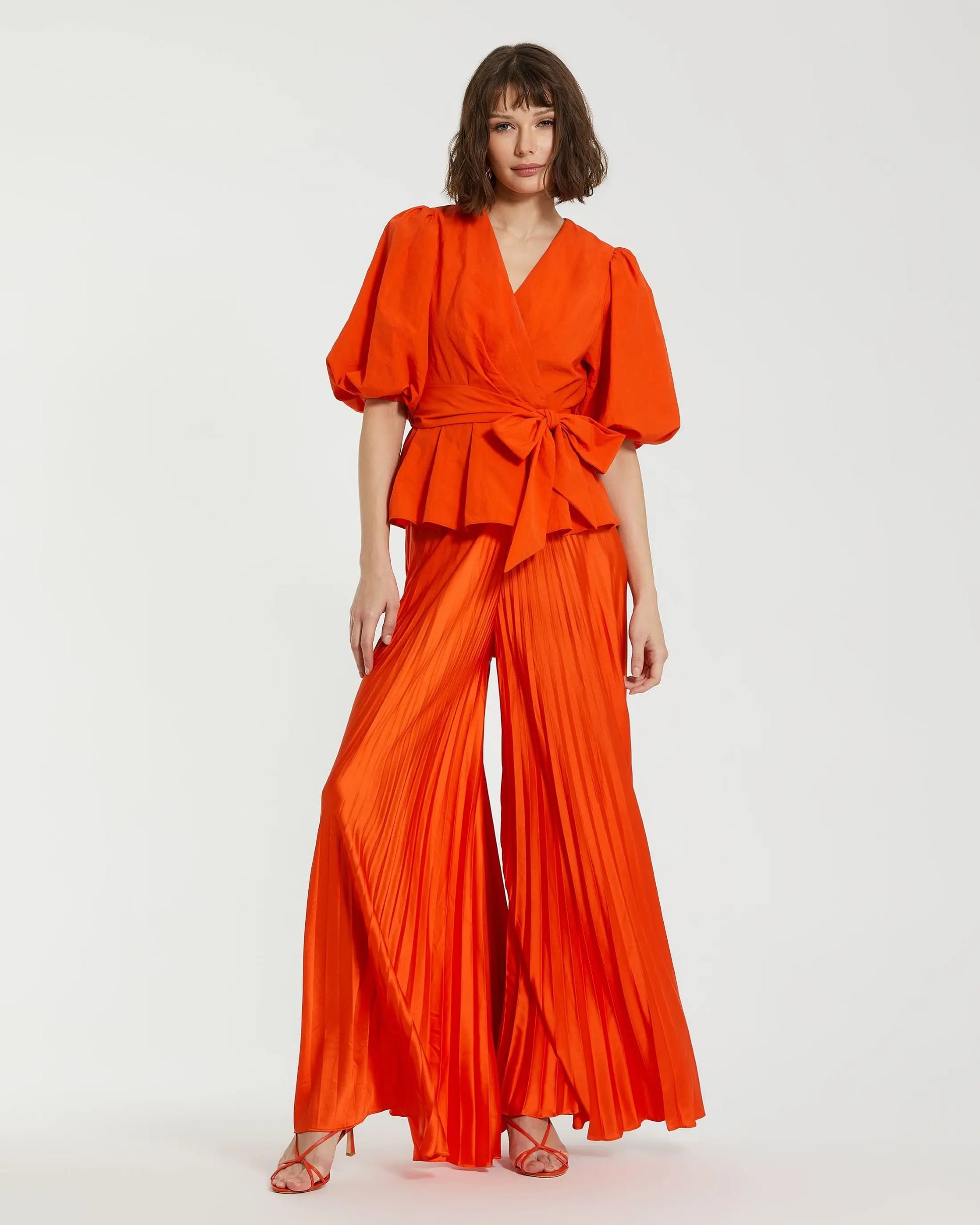 Orange Faille Wrap Over Balloon Sleeve Blouse - Mac Duggal