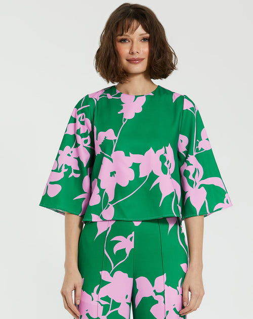 Printed Crepe 3/4 Bell Sleeve High Neck Top