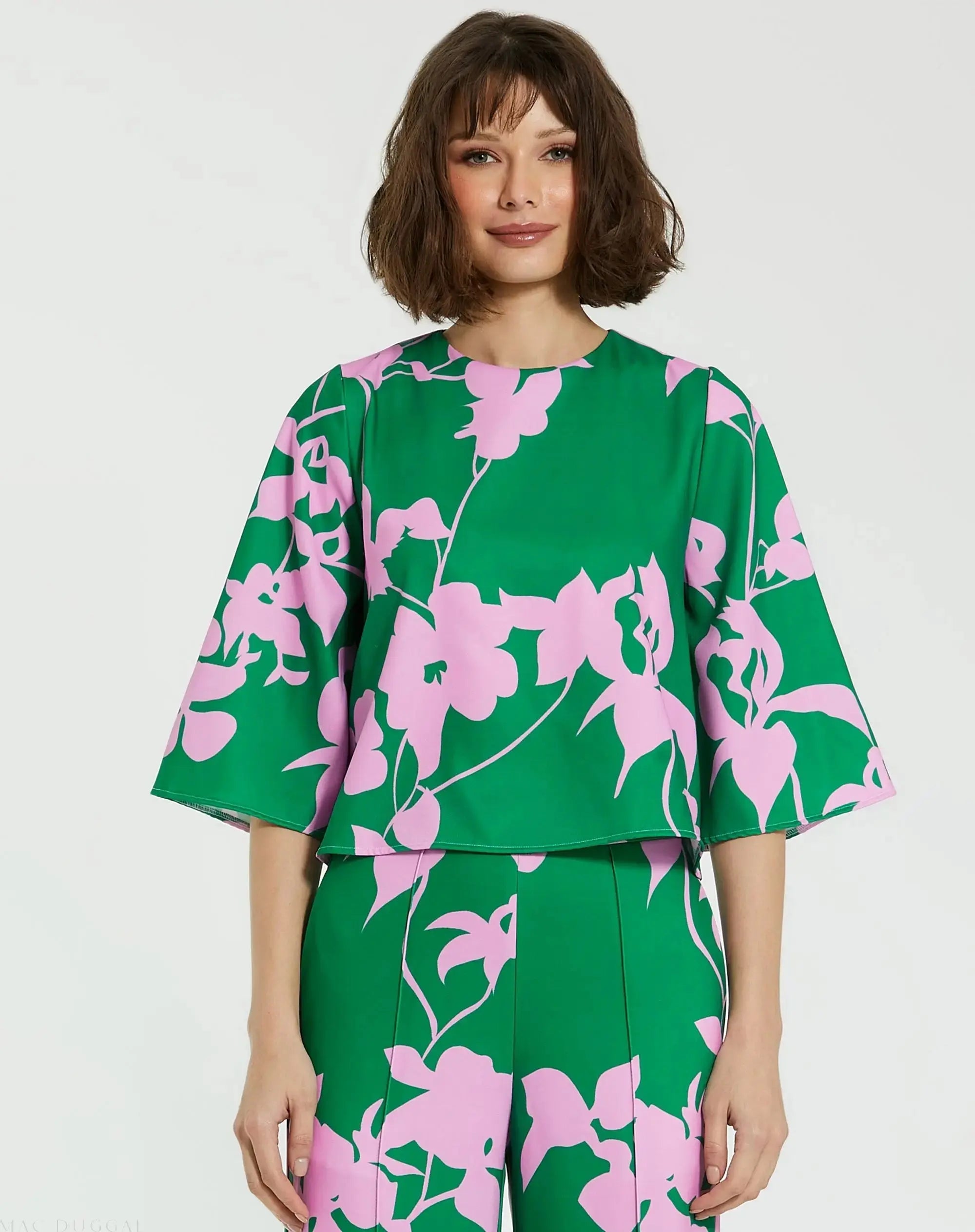 Printed Crepe 3/4 Bell Sleeve High Neck Top - FINAL SALE - Mac Duggal