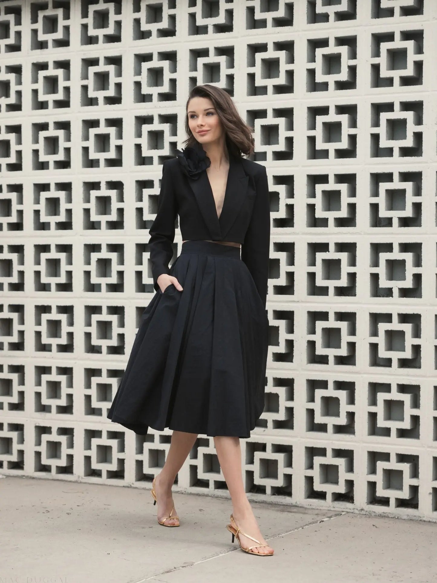 The Bubbly Black Faille High Waisted Midi Full Circle Skirt - Mac Duggal