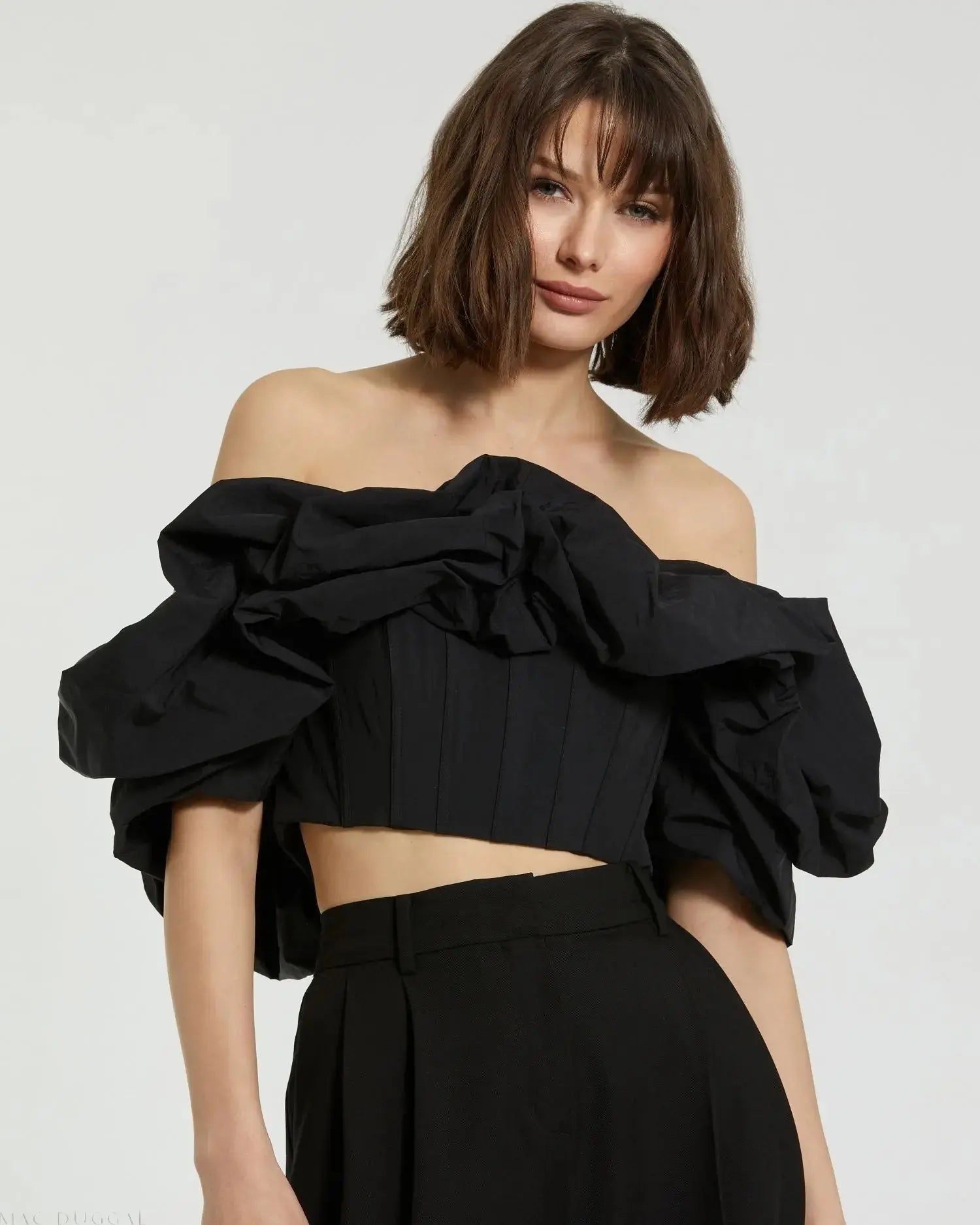 Black Faille Off The Shoulder Bustier Ruffle Top - FINAL SALE - Mac Duggal