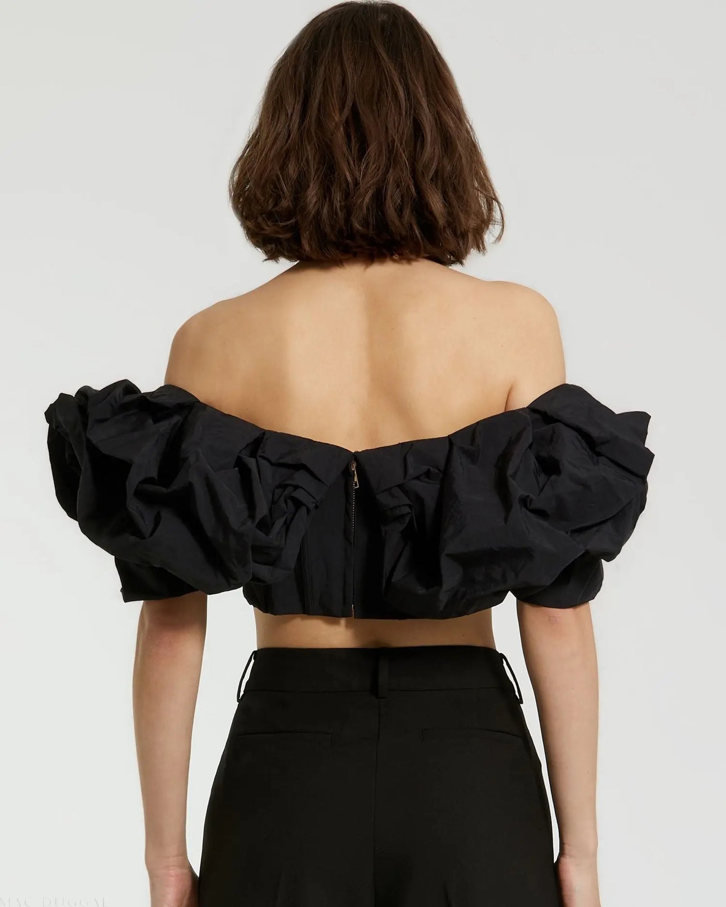 Black Faille Off The Shoulder Bustier Ruffle Top - FINAL SALE - Mac Duggal