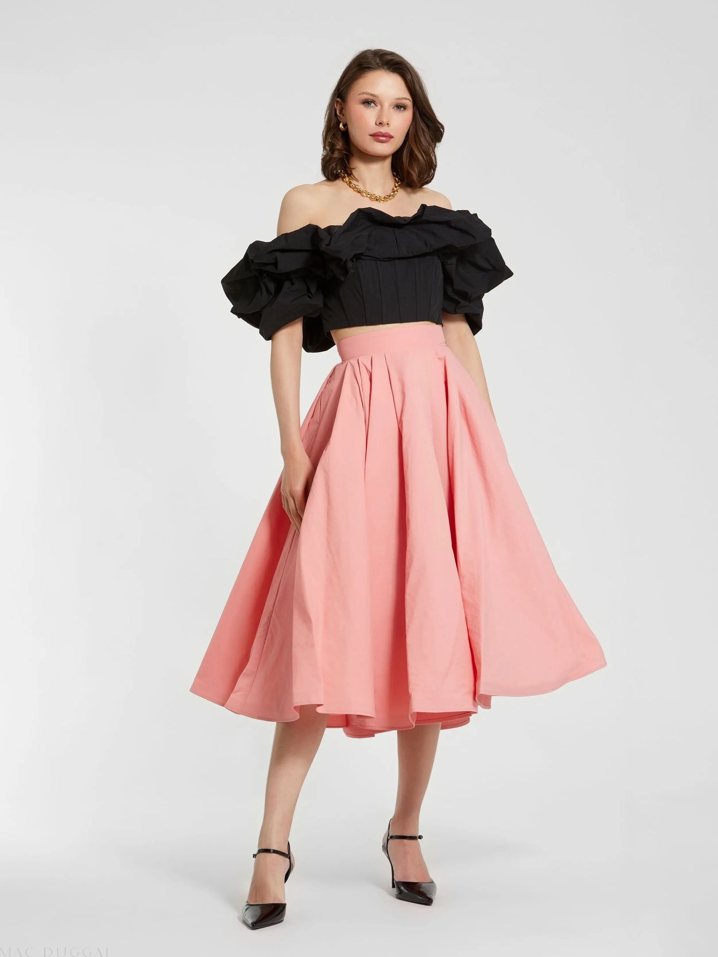 Black Faille Off The Shoulder Bustier Ruffle Top - FINAL SALE - Mac Duggal