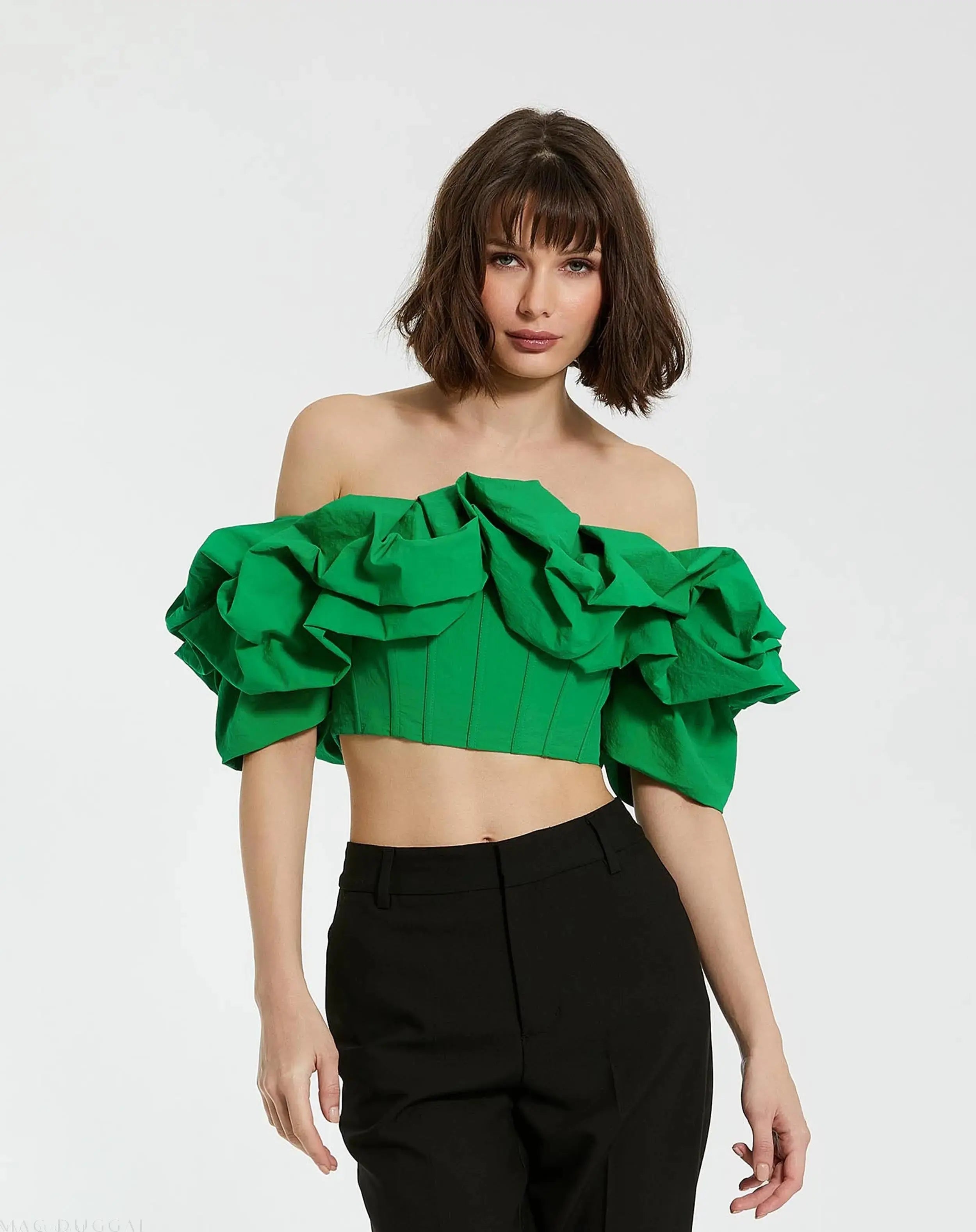 Green Faille Off The Shoulder Bustier Ruffle Top - FINAL SALE - Mac Duggal