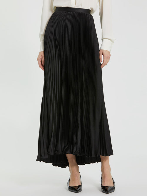 Black Ankle Length Satin Pleated Skirt