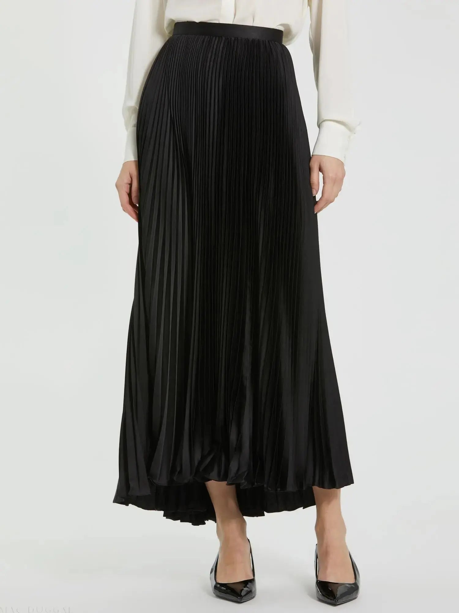 Black Ankle Length Satin Pleated Skirt - Mac Duggal