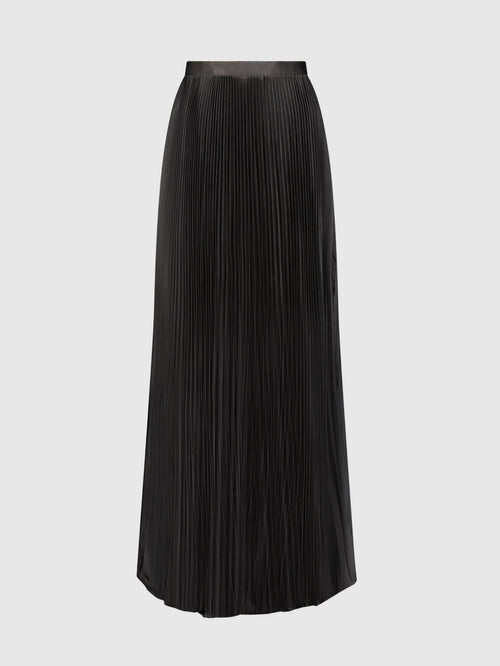 Black Ankle Length Satin Pleated Skirt