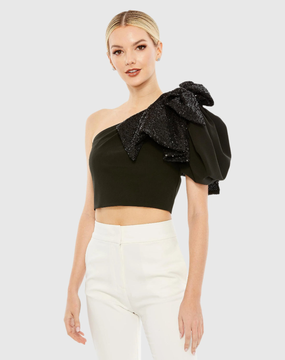 One Shoulder Sequin Bow Short Sleeve Top