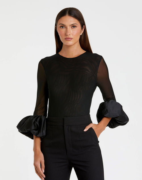 Mesh Long Sleeve Bodysuit With Satin Puff Sleeve