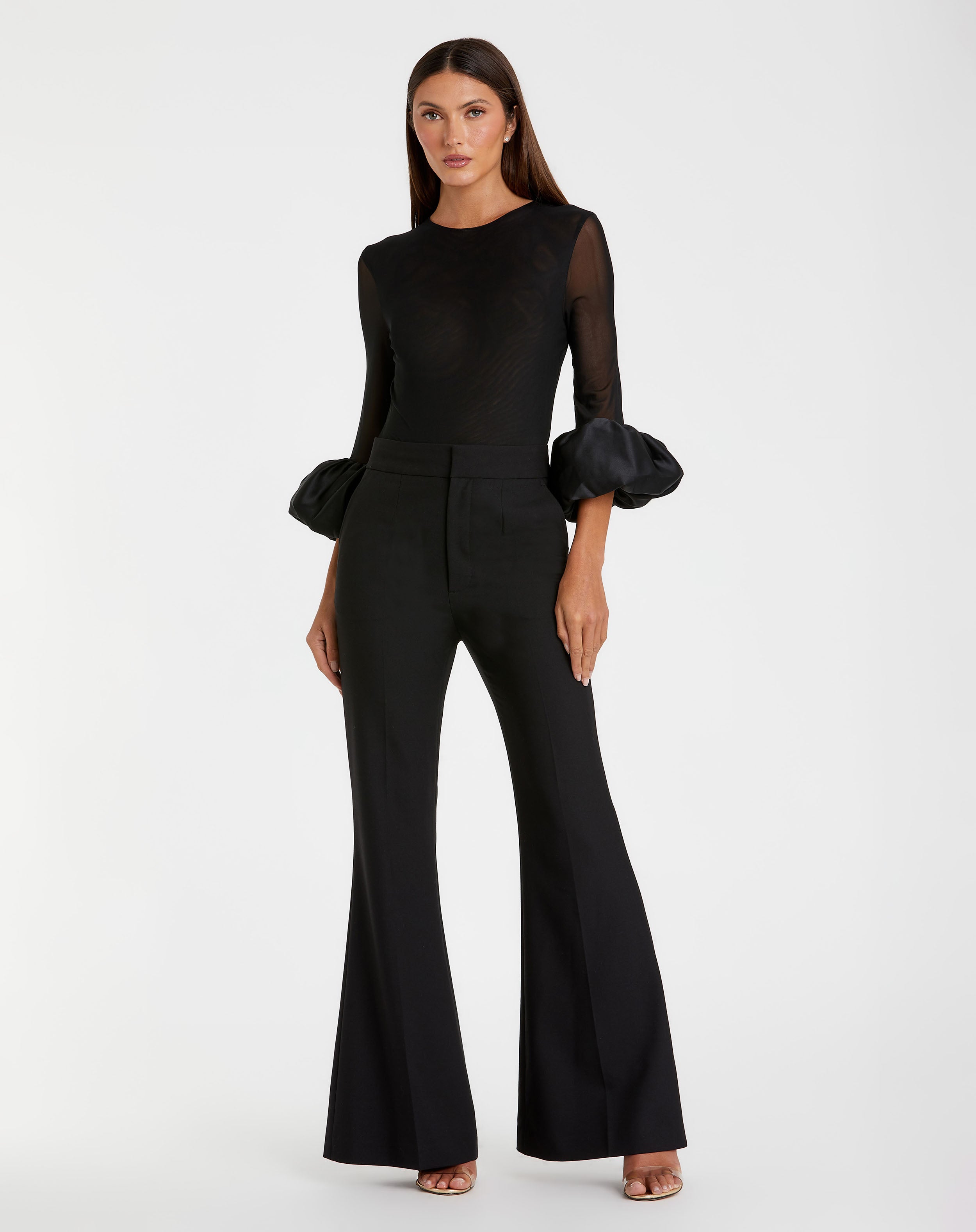 Mesh Long Sleeve Bodysuit With Satin Puff Sleeve