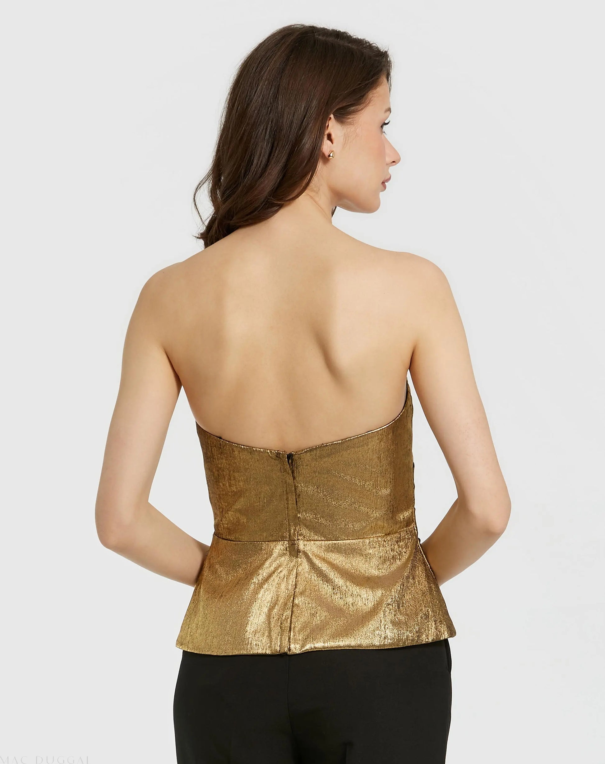 Metallic Lam Strapless Wrap Top With Bow Detail - Mac Duggal Metallic Lam Strapless Wrap Top With Bow Detail - Mac Duggal