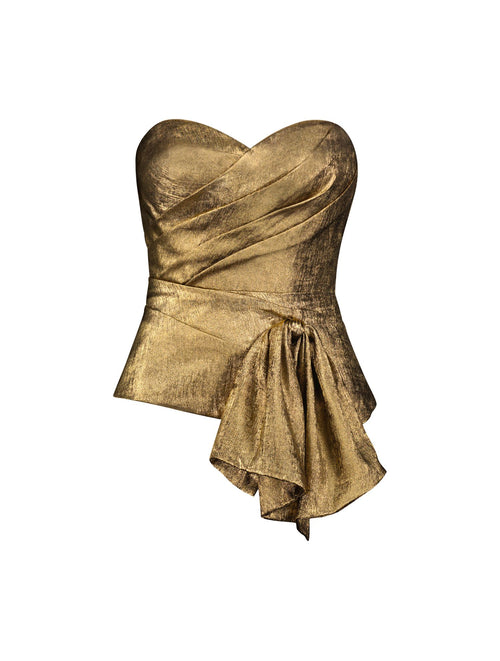 Metallic Lamé Strapless Wrap Top With Bow Detail