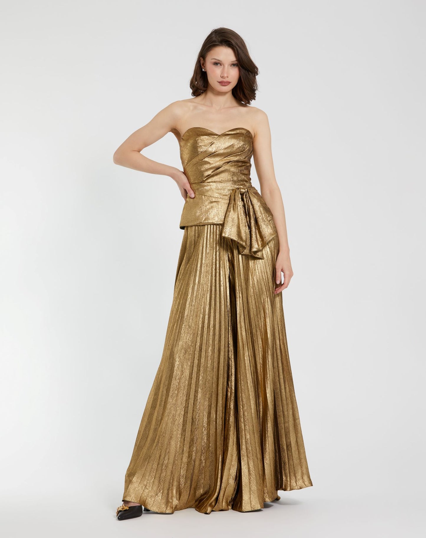 Metallic Lamé Strapless Wrap Top With Bow Detail