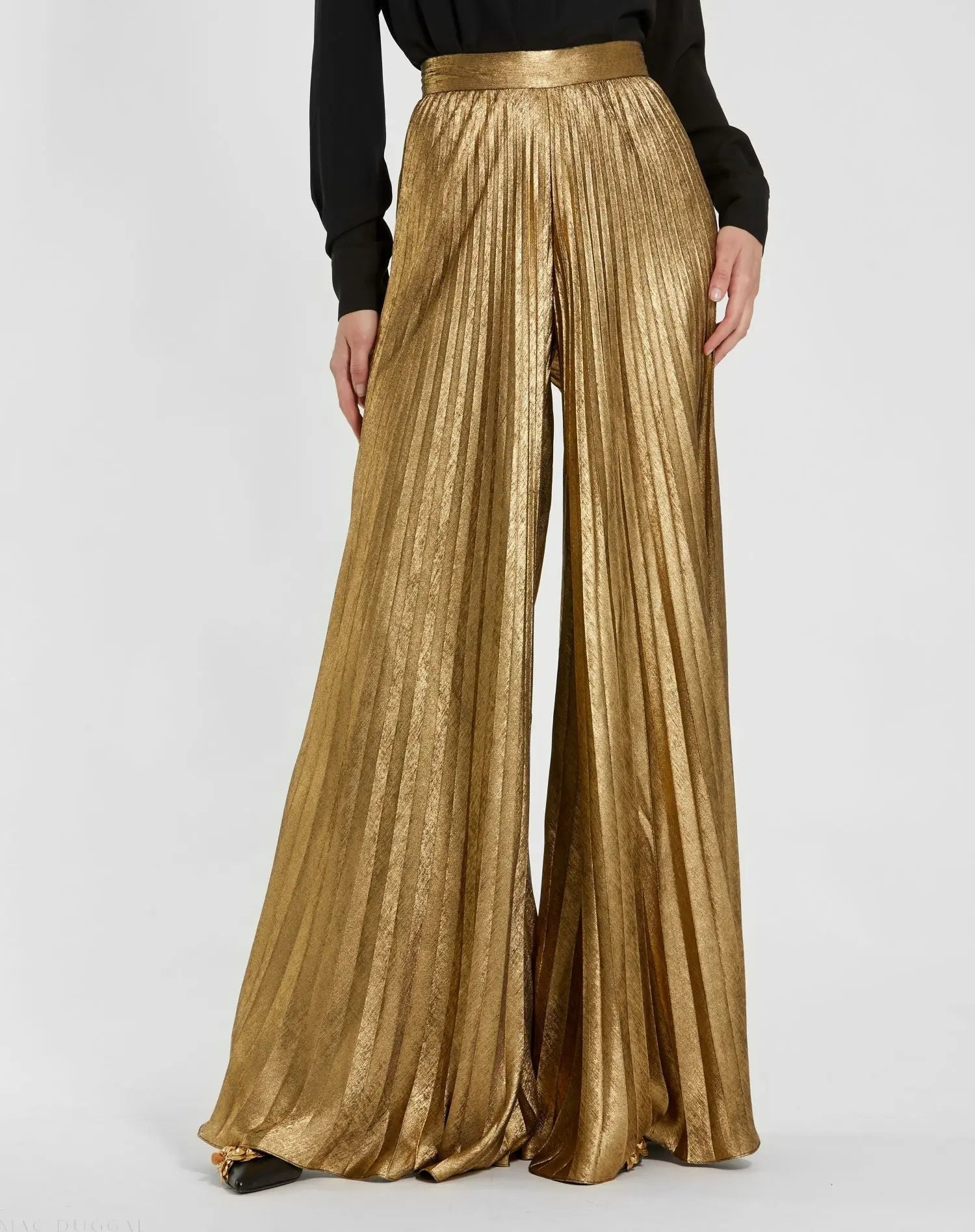 Gold Metallic Lamé Pleated Wide Leg Pant - Mac Duggal