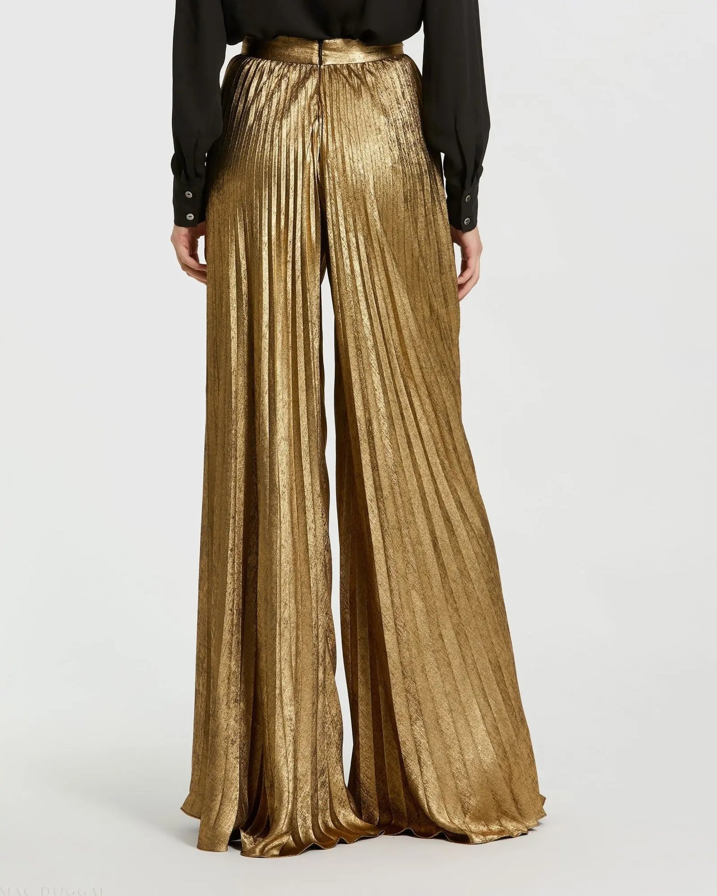 Gold Metallic Lamé Pleated Wide Leg Pant - Mac Duggal