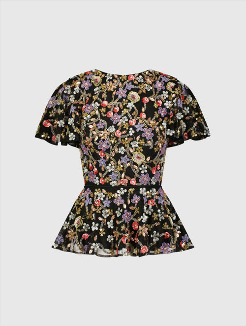 Top peplum com manga borboleta e enfeites florais